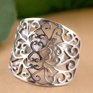 Boho Silver Filigree Wide Band Ring